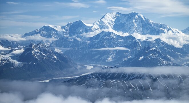 Panorama, clouds over high mountains, Mt Denali or Mount McKinley, aerial view, Alaska Range, Denali National Park, Alaska, USA