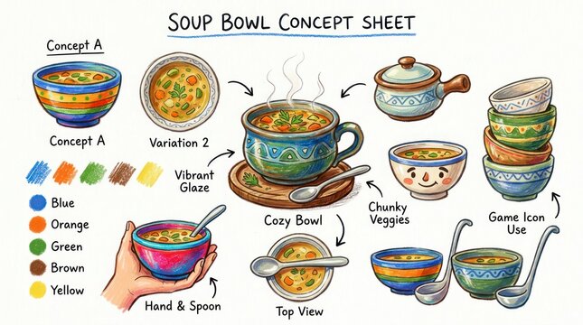 Colorful Soup Bowl Concept Sheet with Vibrant Glaze and Various Designs.