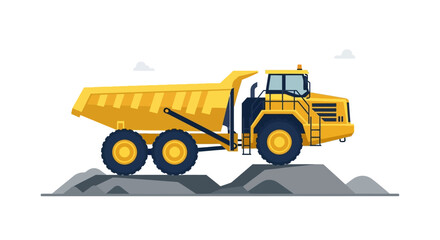 Fototapeta premium Heavy Duty Yellow Mining Dump Truck Vector Illustration - Large Industrial Hauler Vehicle on Dirt Mound Isolated on White Background