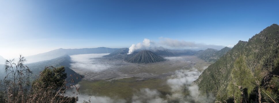 Mount Bromo volcanic clouds, morning atmosphere, Mount Batok, Mount Kersi, Mount Semeru, Bromo Tengger Semeru National Park, East Java, Indonesia