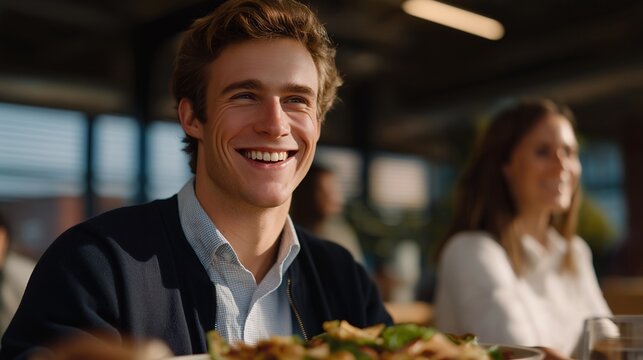 Diverse coworkers share homemade lunch at communal kitchen table laughing genuinely while sunlight creates geometric patterns through venetian blinds on exposed concrete walls, perfect for company