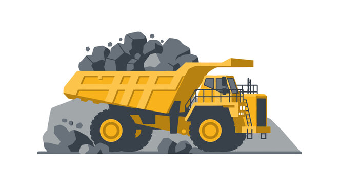 Yellow Mining Dump Truck Carrying Rocks and Stones Isolated on White Background Vector Illustration