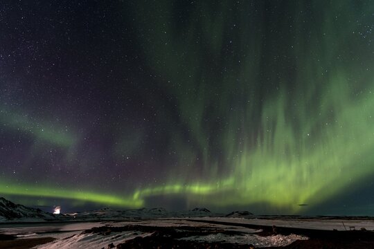 Northern Lights (Aurora borealis) over landscape near M&yacute;vatn, Northern Iceland, Iceland