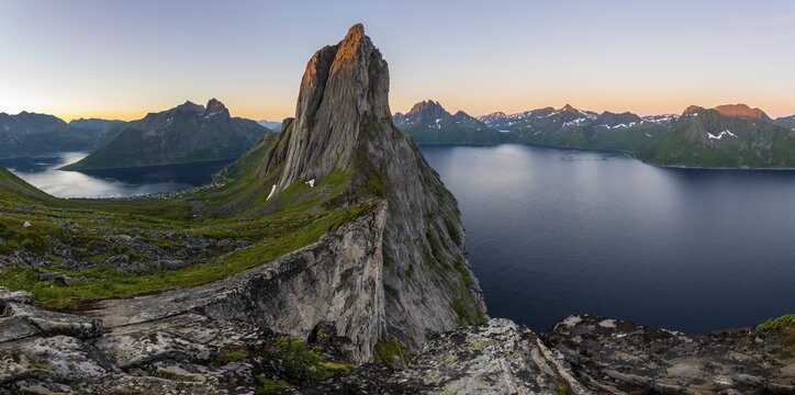 Steep mountain Segla, fjord Mefjorden with mountains, island Senja, Troms, Norway