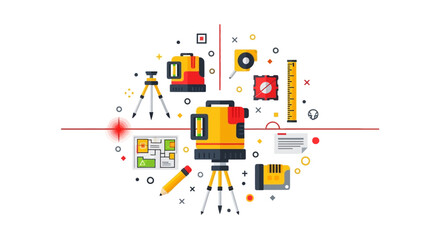 Obraz premium Laser Level Surveying Equipment and Construction Measurement Tools Flat Vector Illustration for Engineering, Architecture, and Home Renovation Projects