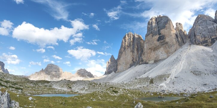 Northern walls of the Three Peaks of Lavaredo with lake near Col Forcellina, Sexten Dolomites, South Tyrol, Trentino-South Tyrol, Alto-Adige, Italy
