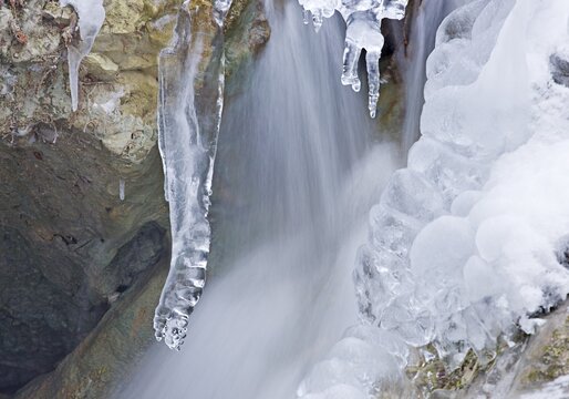 Ice formations along a stream in Steinwandklamm Ravine, Lower Austria, Austria, Europe