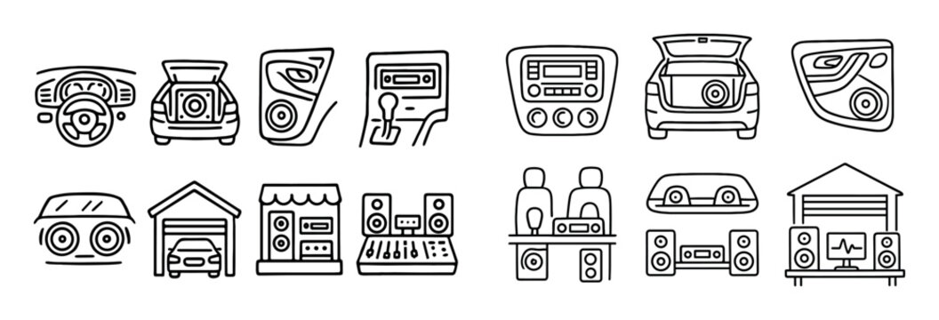 Automotive icons with steering wheel radio trunk outline