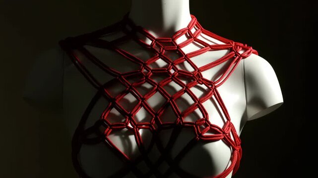 Female mannequin torso wearing red rope shibari harness on dark background. Studio fashion photography. Japanese rope bondage and body adornment concept. Design for poster, banner, print. Close up sho