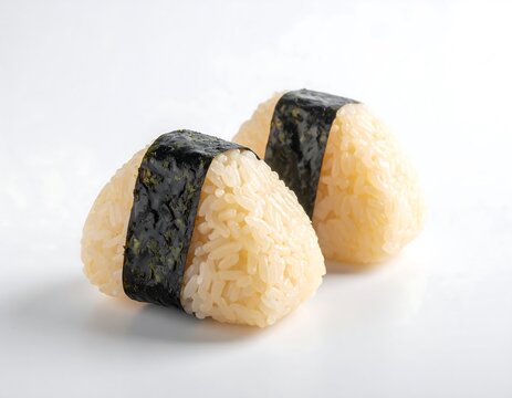 Two delicious onigiri rice balls wrapped in nori seaweed, a staple of asian cuisine, presented on a white background