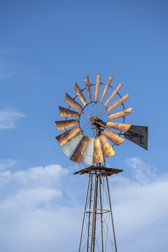 Wind turbine against a blue sky, Solitaire, Khomas region, Namibia