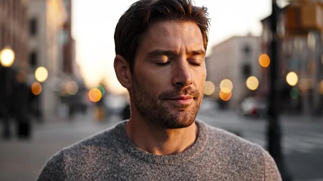 Man with blue eyes and stubble in grey sweater looking thoughtfully