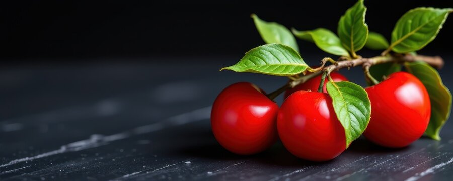 Close-up of Surinam cherry, known as red pitanga, with glossy red fruits and vibrant green leaves resting on a dark surface, highlighting vivid natural detail.