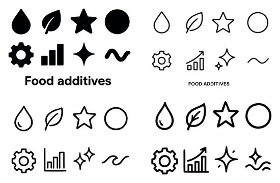 Food additives icons with leaf drop star gear minimal