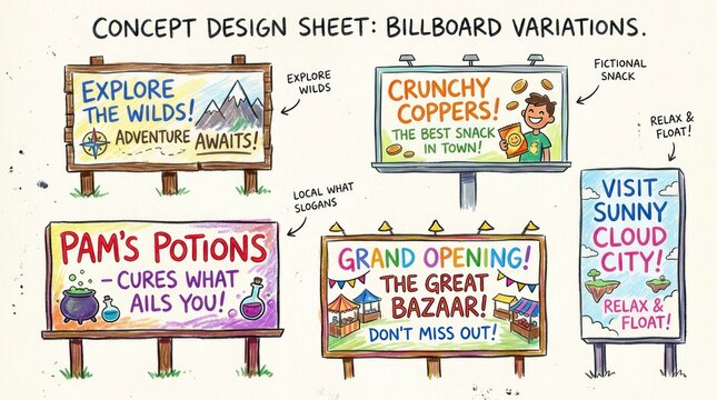 Concept Design Sheet of Billboard Variations with Various Advertisements.
