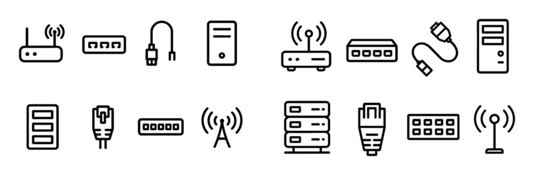 Network icons with router modem server outline