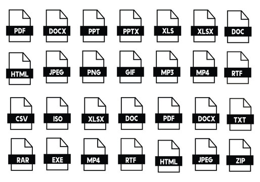 File type icon set, files format type vector, PNG, JPEG, PDF, DOCX, and other file extension. Variety of file formats shown like RAW, ZIP, XLS, MP3, SQL. Ideal for technology or data related content