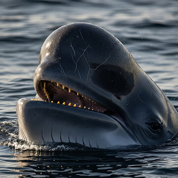 Wild pilot whale breaches the ocean surface, mouth open, revealing teeth, a vivid concept of marine power