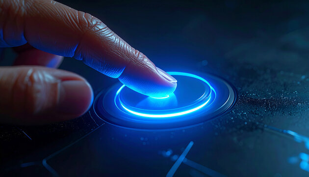 Pressing the On Switch: The image highlights a finger gently touching the illuminated power button, representing activation and initiation in a realm of technology.