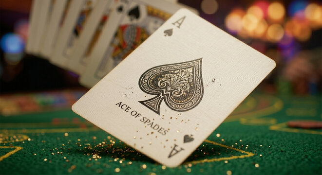 Playing cards spin in the air above a vibrant casino table during a lively game night