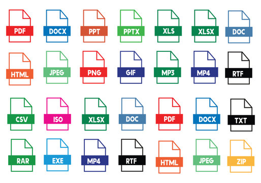 Document icon set, file type vector in various file formats including DOC, PDF, DOCX, PPT, PPTX, XLS, XLSX, TXT, CSV, ISO, RTF, HTML, JPEG, PNG, GIF, MP3, MP4, ZIP, RAR, EXE