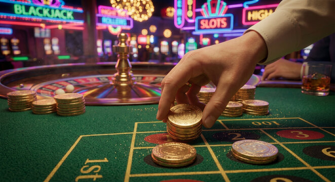 Exciting moments at the casino as coins stack up on the roulette table