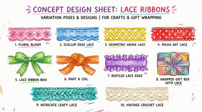 Concept Design Sheet of Lace Ribbons for Crafts and Gift Wrapping.