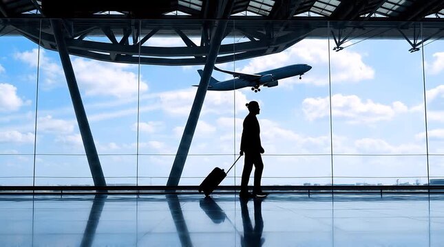 Silhouette of a business traveler walking through an airport terminal with luggage while a commercial airplane takes off in this cinematic high resolution motion video clip