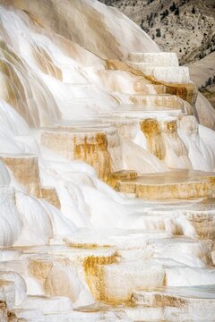 Sinter terraces with calcareous tuff deposits, hot springs, colorful mineral deposits, Palette Springs, Lower Terraces, Mammoth Hot Springs, Yellowstone National Park, Wyoming, USA