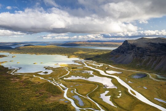 View from Skierffe mountain over the Rapadalen river delta, Rapa&auml;lv river, Sarek National Park, Laponia, Lapland, Sweden