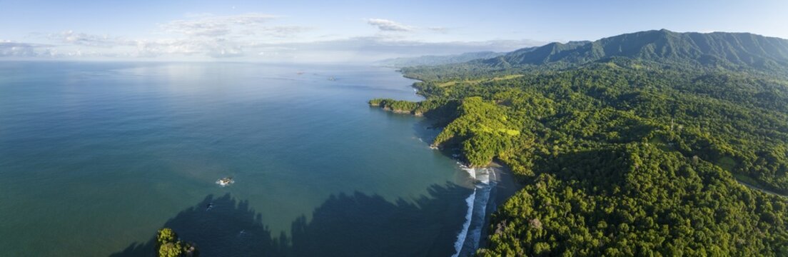 Aerial view, ocean and coast with rainforest, Playa Ventanas, Puntarenas province, Costa Rica