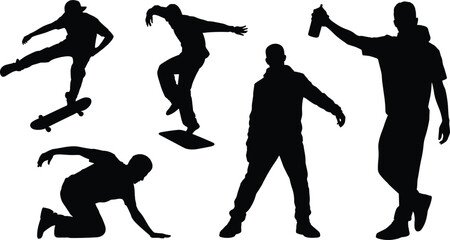 Urban lifestyle silhouettes of skateboarding, street art, dynamic poses, and expressive movements for modern culture design © anisur-creatives