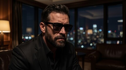 Obraz premium Man wearing sunglasses and suit in luxury office at night. Serious businessman looking at city skyline view through window. Corporate executive portrait. Success and wealth concept