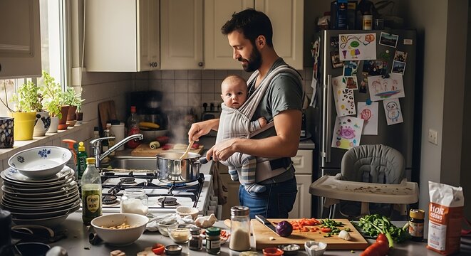 Father Cooking with Baby in Kitchen