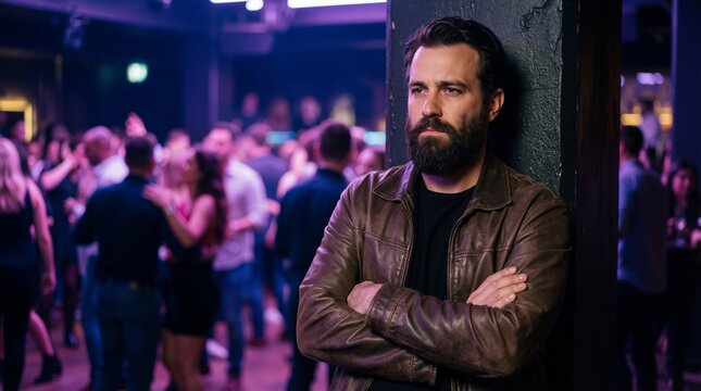 Bearded man standing alone in crowded nightclub. Lonely male in casual leather jacket relaxing at party. Social isolation in public space. Emotional mood and introversion concept