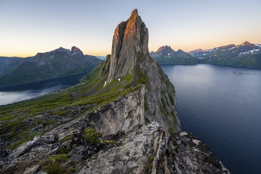Morning atmosphere, steep mountain Segla, fjord Mefjorden with mountains, island Senja, Troms, Norway