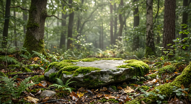 Mossy rock on the forest floor with dappled sunlight