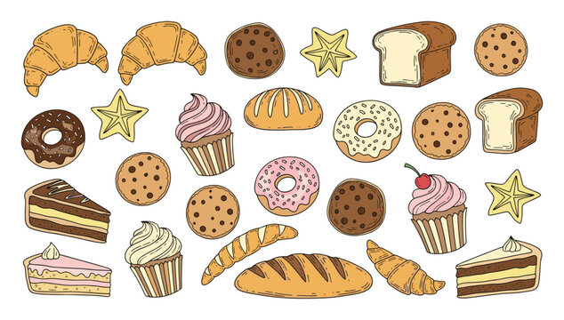 Hand drawn sweet bakery donuts cakes cookies and fresh bread for menus and marketing