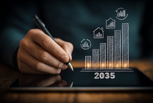 Hand with pen on tablet sketching green bar graph with and year 2035 in dark setting