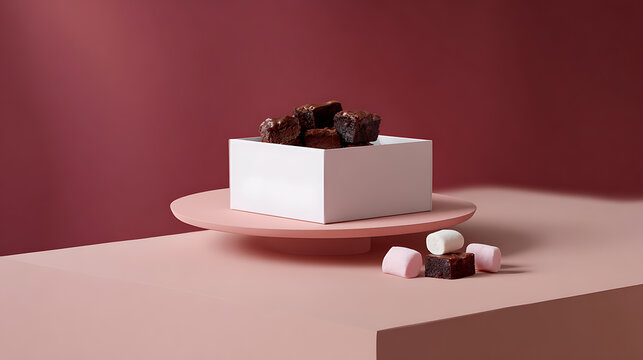 Delicious chocolate brownies in a white box on a round pink stand with marshmallows on a pink table, dark red background with copy space