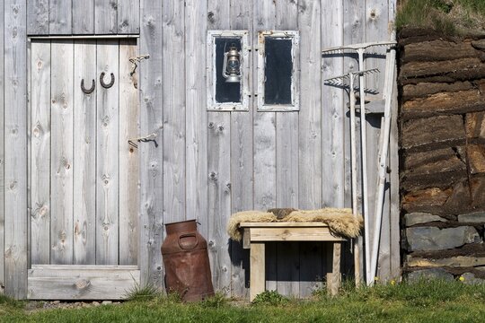 Horse stable and tool shed in original peat construction, L&yacute;tingssta&eth;ir, North Iceland, Iceland