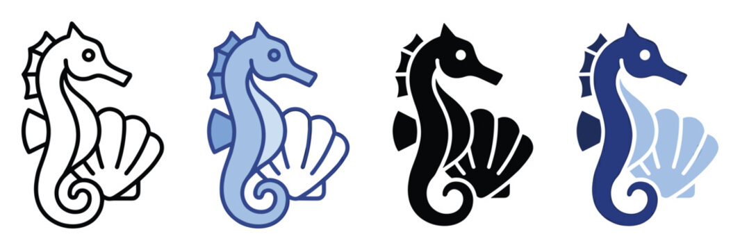 Seahorse and seashell marine animal icons ideal for aquatic themed visual projects and educational materials