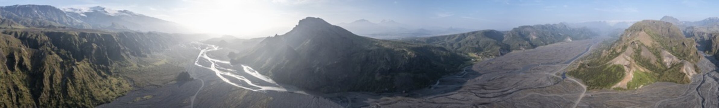 Aerial view, panorama, mountains and glacier river in a mountain valley, wild nature, Icelandic Highlands, &THORN;&oacute;rsm&ouml;rk, Su&eth;urland, Iceland