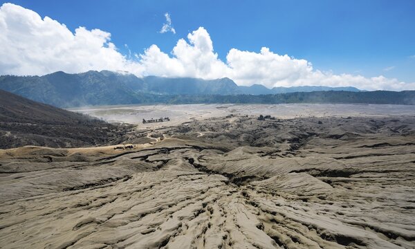 Volcanic landscape, view from the crater rim of volcano Volcano Gunung Bromo into the caldera Tengger, National Park Bromo-Tengger-Semeru, Java, Indonesia