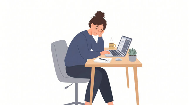 Tired woman at desk with laptop and coffee, feeling exhausted and stressed from work