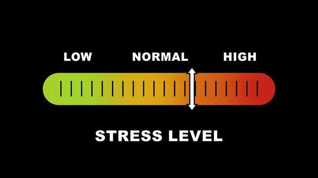Stress level indicator scale. Low normal & high meter infographic animation on black background. Showing high stress level color gauge indicator for mental health wellness and psychological analysis.
