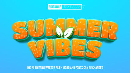 3D Summer Vibes editable text effect with water drops, fresh tropical orange and mint typography on blue background © Supriyadi