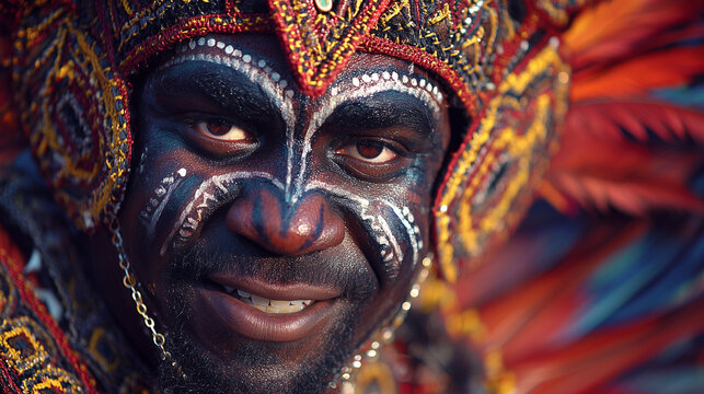 Vibrant Grenada Jab Jab dancer smiles brightly in colorful costume.