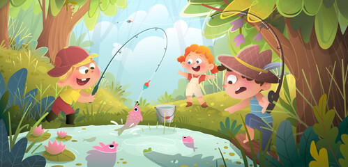 Naklejka premium Kids summer camp vacation adventures in nature, fishing at the lake. Children fisherman catching fish and spotting a crocodile in a pond. Fun story for kids education. Vector cartoon illustration.