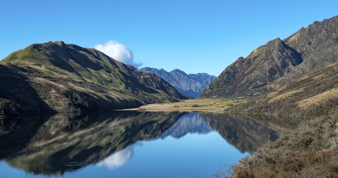 Panorama, mountains reflected in a lake, Moke Lake near Queenstown, Otago, South Island, New Zealand